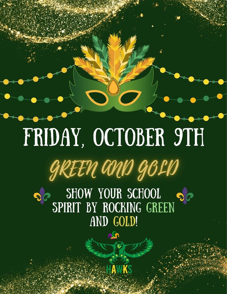 Event poster with green, gold, and black colors. A mask and feathers adorn the top. Text reads "Friday, October 9th, green and gold".