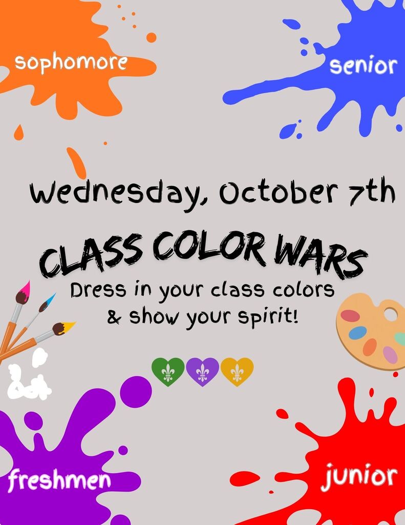 A poster displays paint splashes in four class colors. It encourages students to dress in their class colors for an event.