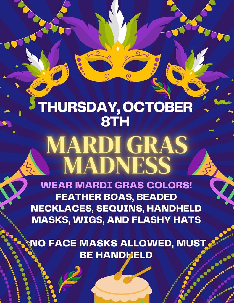Mardi Gras Madness flyer on October 8. It features colorful masks, beads, and hats. Specific accessories are listed. Face masks must be handheld.