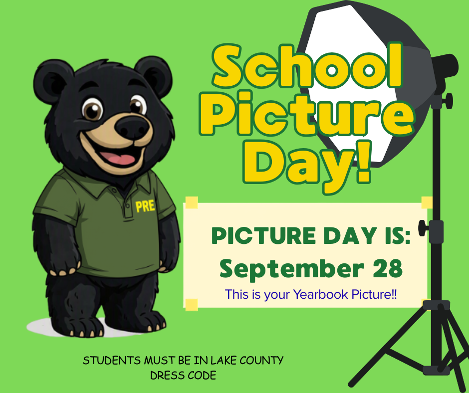 Cartoon bear in green shirt stands beside a tripod and photo light. Text reads "School Picture Day! PICTURE DAY IS: September 28. Students must be in Lake County Dress Code."