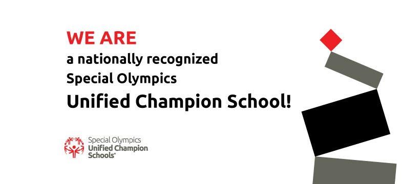 A white background with bold red text. The text reads "WE ARE a nationally recognized Special Olympics Unified Champion School!"