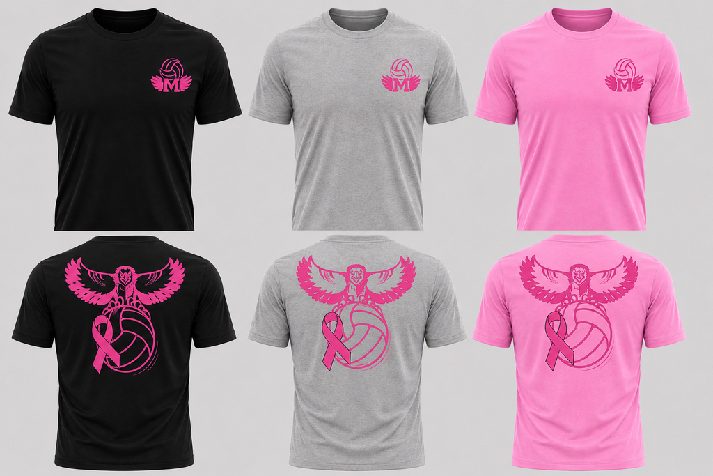Six t-shirts with a pink breast cancer ribbon design and a volleyball. Colors are black, grey, and pink.