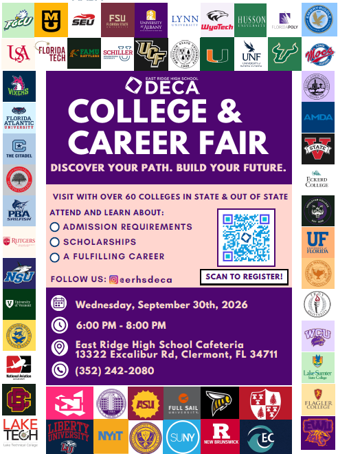 Purple and pink poster with logos from universities and colleges. Text reads: "DECA College & Career Fair". Date, time, and location information.