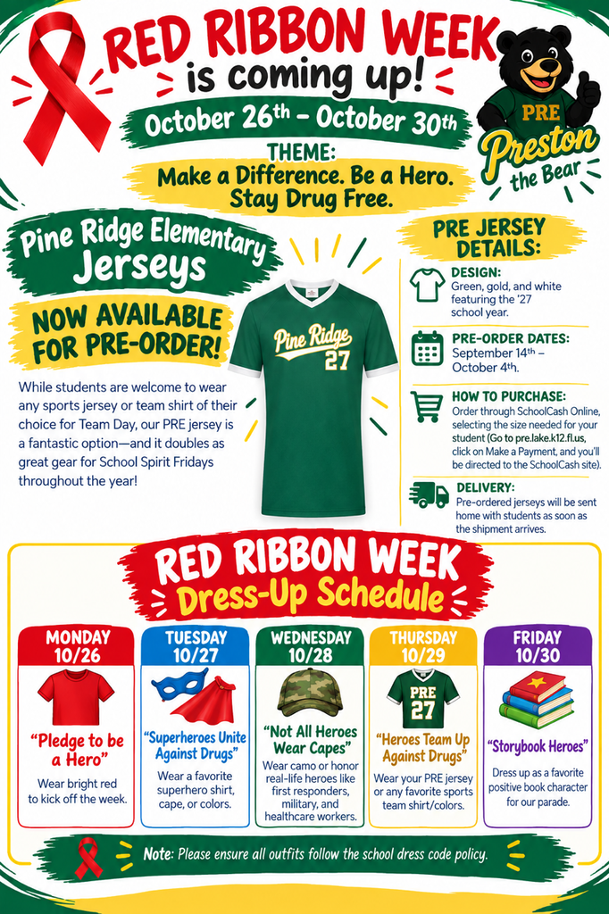 An advertisement for Pine Ridge Elementary's Red Ribbon Week with a bear, dates, and dress-up themes.