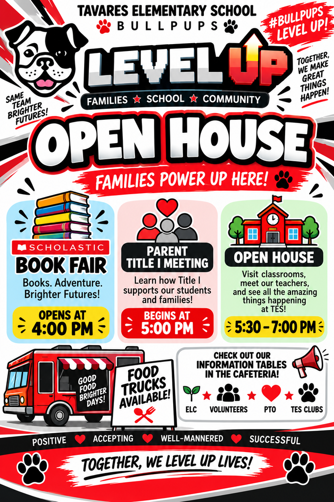 A colorful flyer titled "Level Up Open House" with various sections including a book fair, parent-teacher meetings, open house, and food trucks.