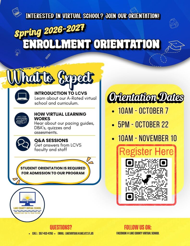 A flyer displays "Spring Enrollment Orientation" text with dates and a QR code for registration.