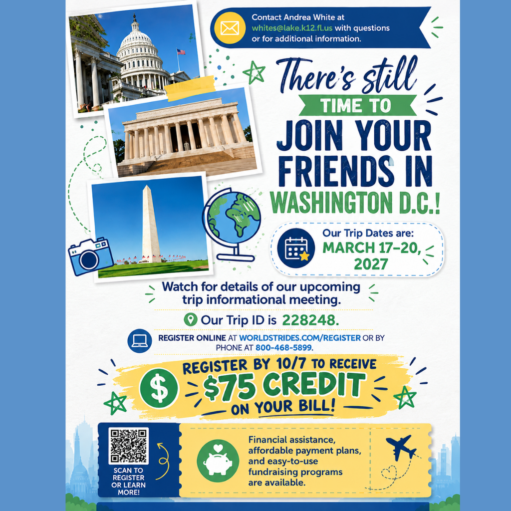 Flyer with US Capitol, Washington Monument, globe, and QR code. Trip details: Washington D.C., March 17-20, 2027. Register by 10/7 for $75 credit.