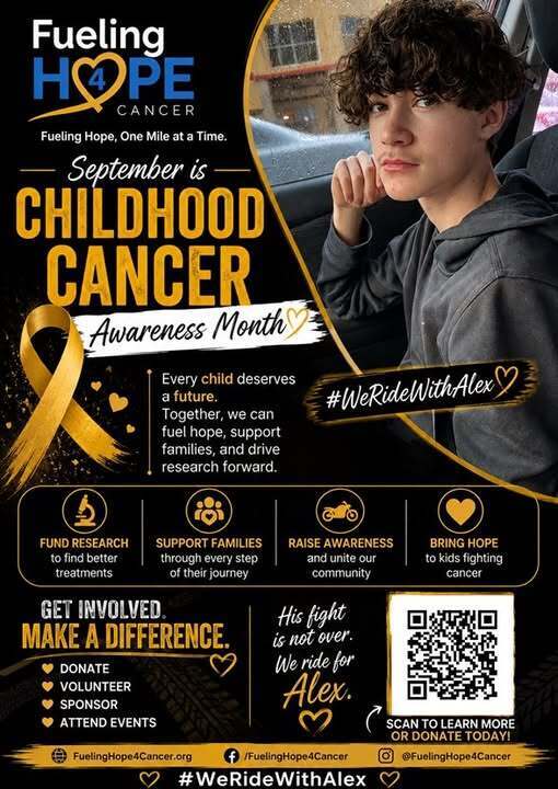 Poster for Childhood Cancer Awareness Month. A boy sits in a car. Icons include a ribbon, QR code, and donation information.