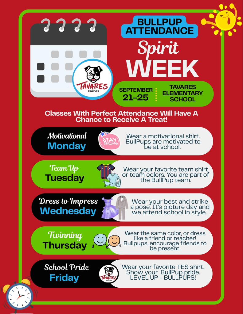 Poster with days of the week, theme, and instructions. The theme is Spirit Week. Bright background.