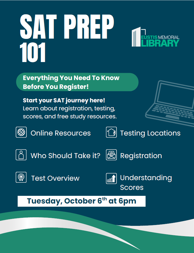 Blue background with a laptop, book, and person icon. Text reads "SAT Prep 101." It includes "Online Resources," "Testing Locations," "Who Should Take it?" and "Registration."