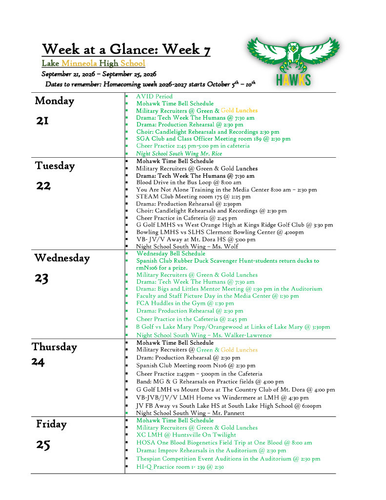 Weekly schedule on green and white background. Events are listed from Monday to Friday with corresponding dates.