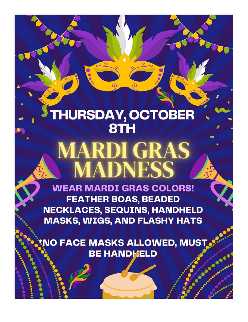 Advertisement for Mardi Gras Madness on October 8th. Encourages wearing Mardi Gras colors, masks, wigs, and hats.