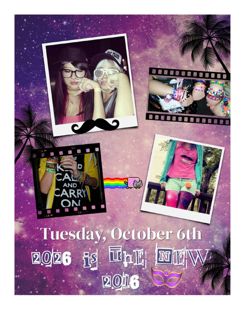 Collage of photos on a purple background. A woman in glasses and a hat, a rainbow, and a text overlay reading "Tuesday, October 6th 2026 is The New 2016".