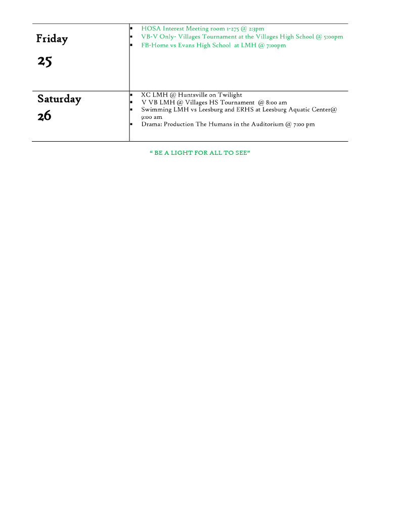 A white page with a calendar layout displays Friday and Saturday dates. Text in green font lists events, including meeting times and locations.