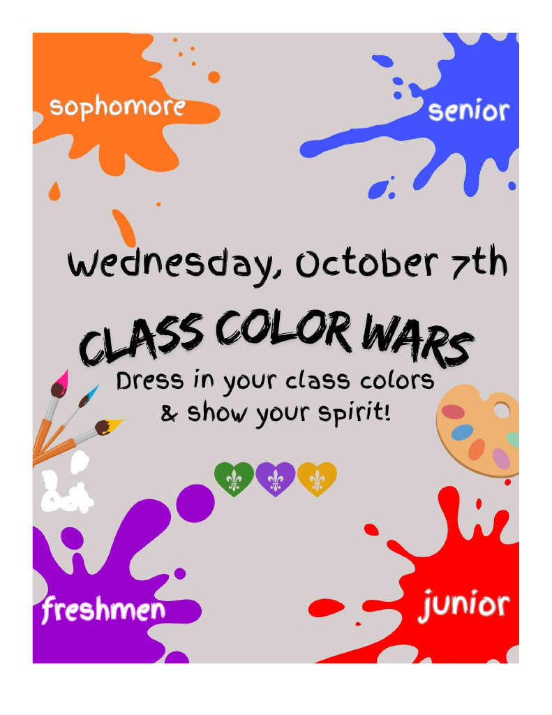 A flyer has a gray background with paint splashes in class colors. The words "CLASS COLOR WARS" and "Dress in your class colors & show your spirit!" are displayed.