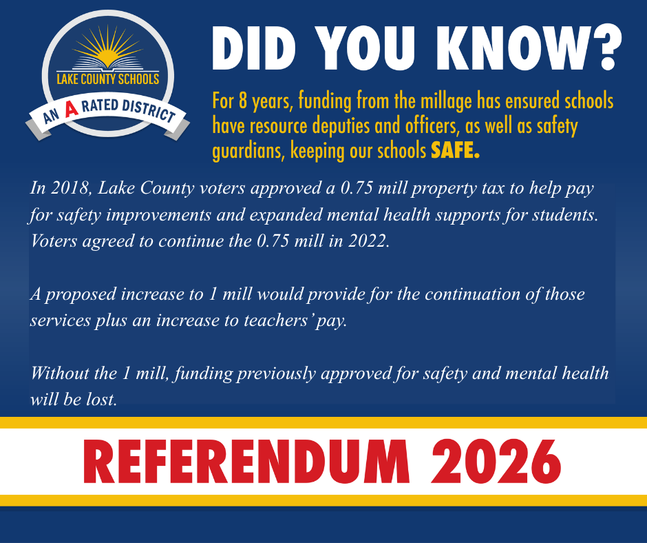 A blue and yellow banner reads "Did You Know?" with text about school safety funding and a referendum in 2026.