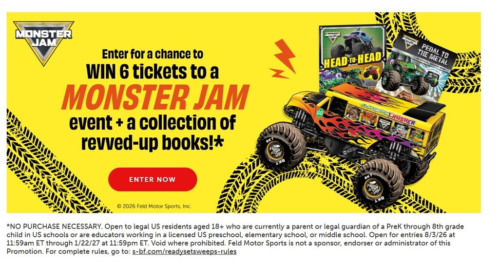 A promotional banner with a monster truck design and text offering a chance to win tickets and books.