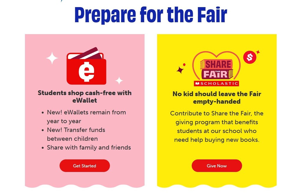 Two cards, one pink, one yellow. Each has "Prepare for the Fair" and a different icon. Pink card mentions eWallet. Yellow card highlights Share Fair.