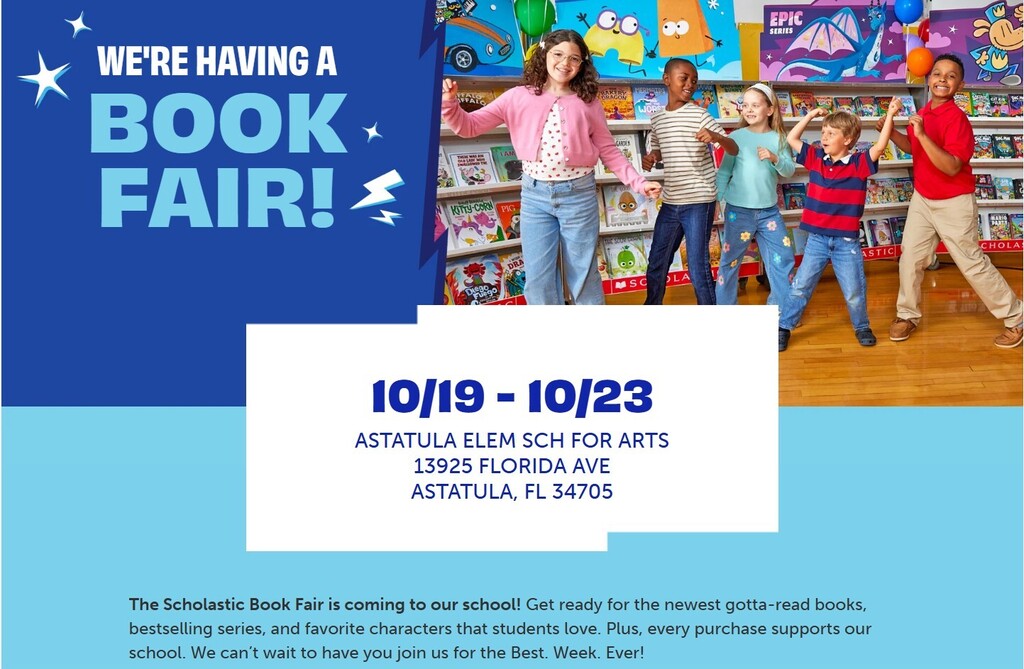 Blue and white advertisement for a book fair. Five children stand in front of shelves. Dates and location of the book fair are displayed.