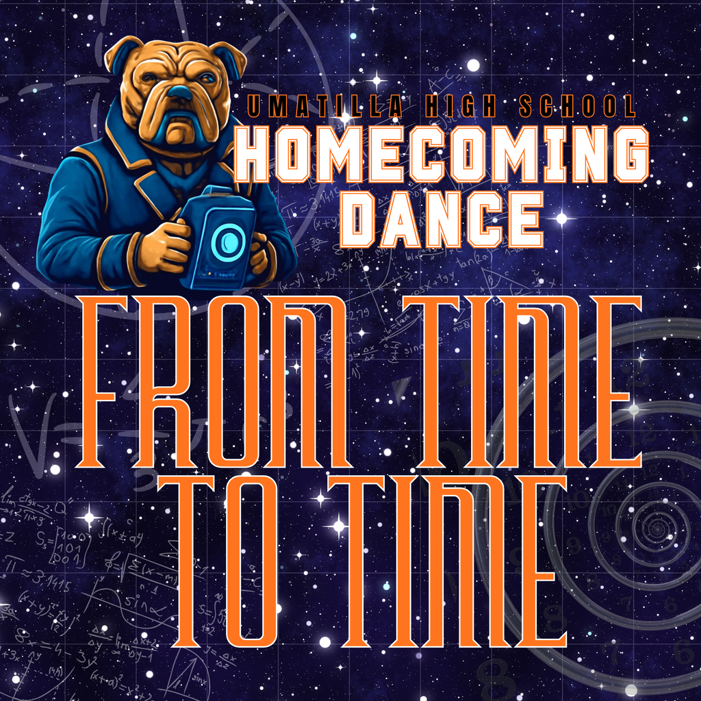 Poster for Fumatilla High School Homecoming Dance. It features a bulldog mascot in a futuristic outfit. Background has a space theme.