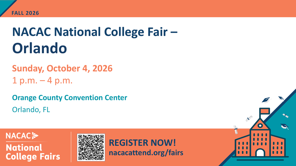 A flyer with orange and white color scheme. It reads "NACAC National College Fair – Orlando".
