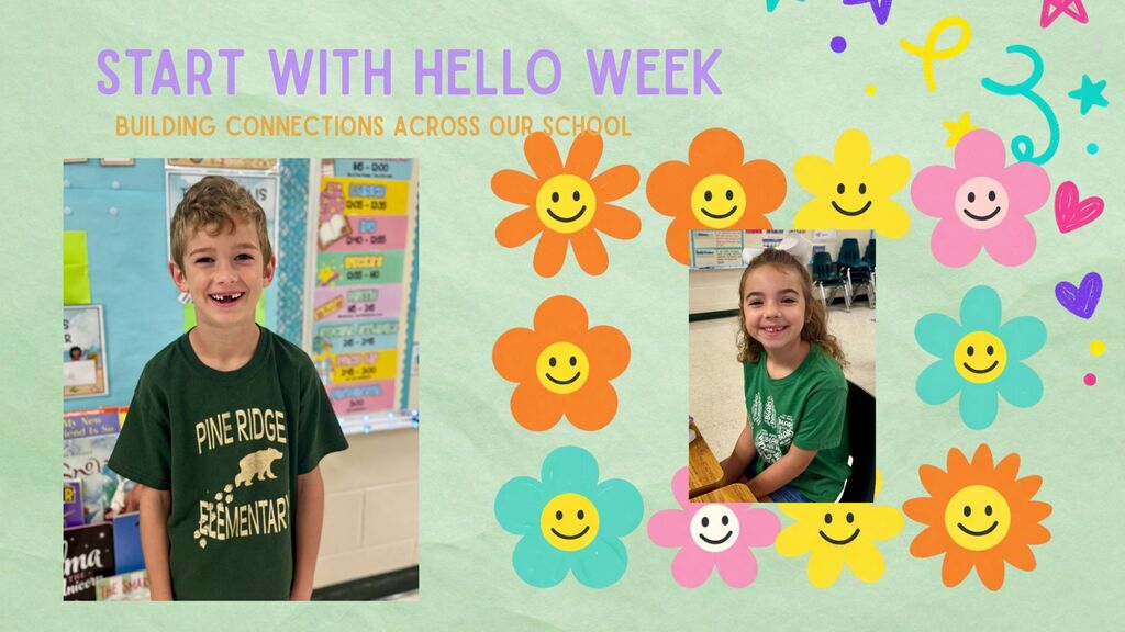 Two smiling children, one in a Pine Ridge shirt, stand in a classroom with flowers around the edges.