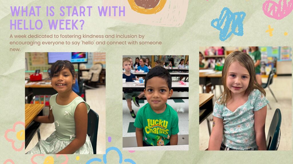 Three photos of young children, one smiling girl in white, one smiling boy in green, and one smiling girl in blue.
