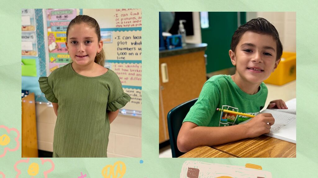 Two photos: girl in green, standing in classroom; boy in green, seated at desk. Background includes classroom walls, papers, and desk.