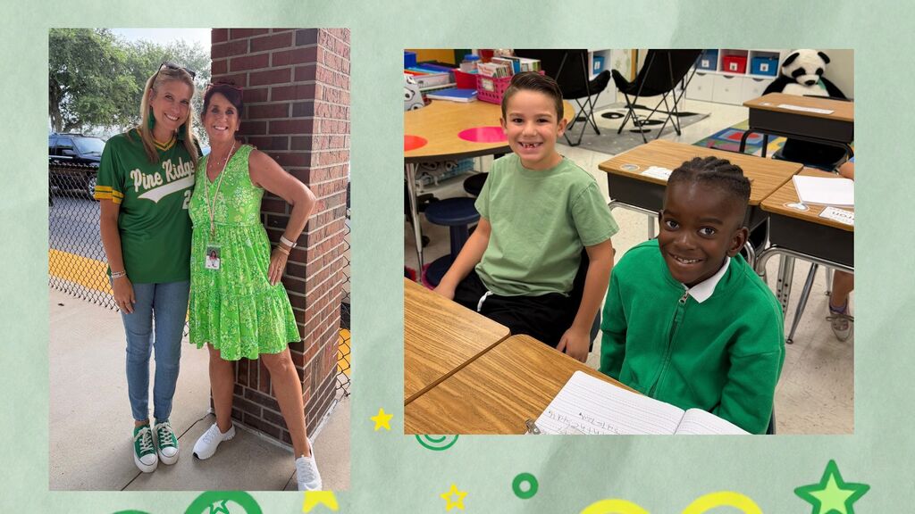 Two images of kids in green shirts. One stands outdoors, another sits at a desk in a classroom.