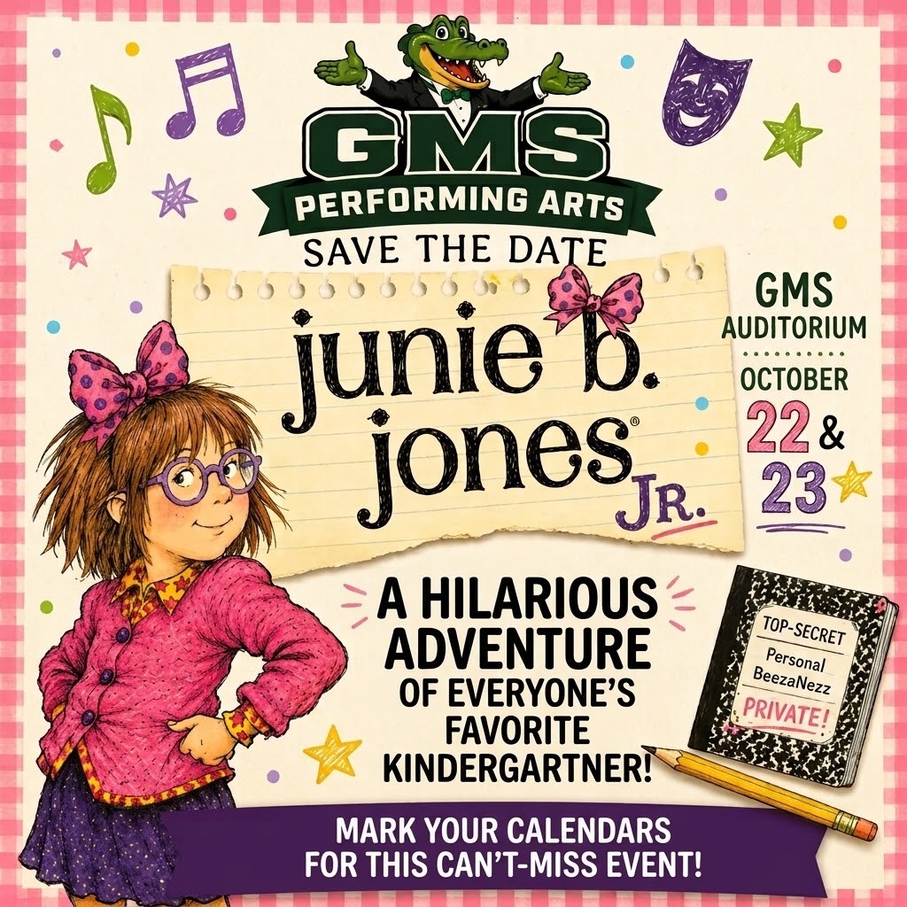 Poster with Junie B. Jones Jr. wearing glasses and a pink dress with a bow.