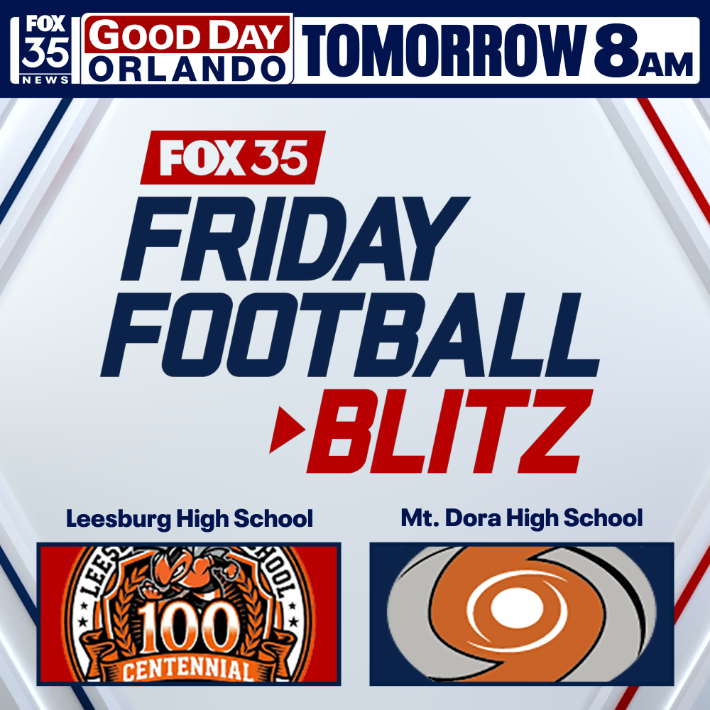 A promotional poster for "Friday Football Blitz" shows logos for Leesburg High School and Mt. Dora High School.