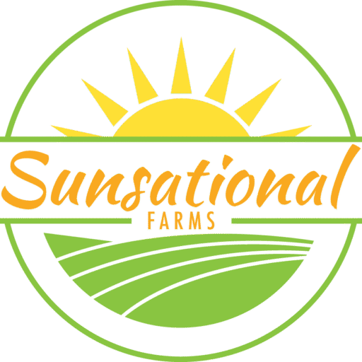 Logo for Sunnational Farms shows a sun with rays and a green circle with text in yellow.
