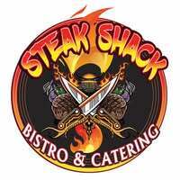 Logo for Steak Shack Bistro & Catering featuring crossed knives over a fire flame, encircled by bold yellow flames.