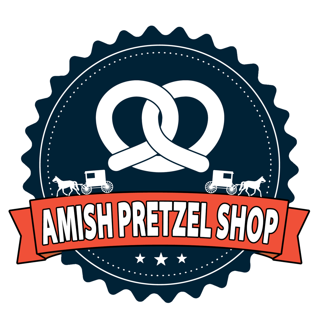 Logo with blue circle, two pretzels, two horse-drawn carts, red ribbon, and text "Amish Pretzel Shop" on white background.