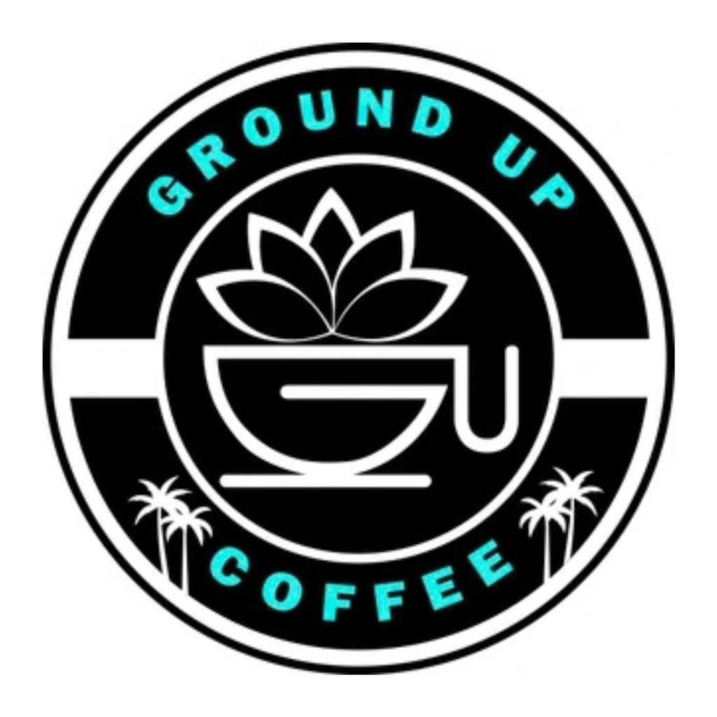 A circular logo with 'GROUND UP COFFEE' in bold, stylized font. An icon of a coffee cup with leaves above it, and palm trees on the sides.