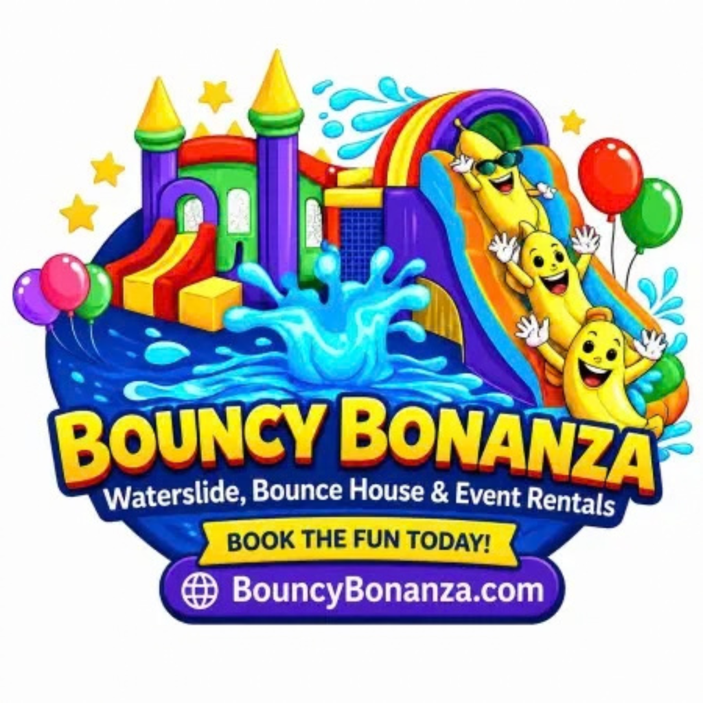 A logo for Bouncy Bonanza featuring a colorful inflatable water slide, balloons, and cartoon characters.