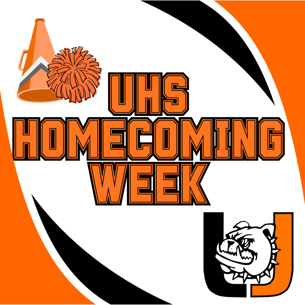 Orange, black, and white logo with UHS Homecoming Week text, a cheerleader pom pom, and a bulldog mascot.