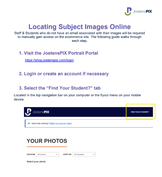 An instructional webpage displays three steps to locate student images. Steps include visiting the website, logging in, and finding the student.