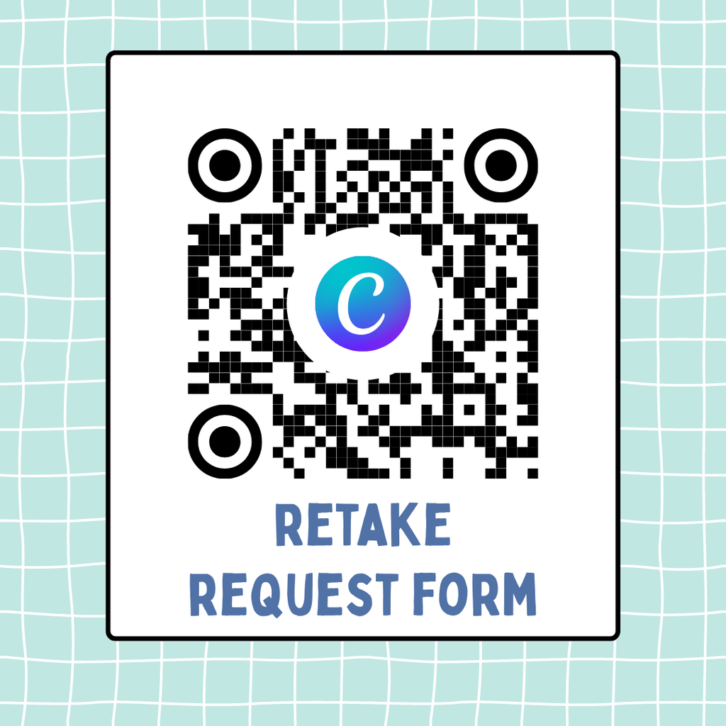 A white form with blue grid background. A QR code is in the center with a C logo. Text reads "REMAKE REQUEST FORM."