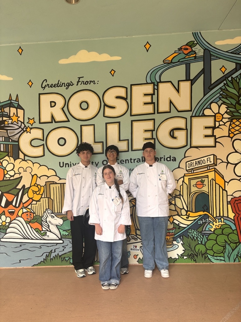 Five individuals in white chef's coats stand before a mural depicting Rosen College and various Central Florida landmarks.