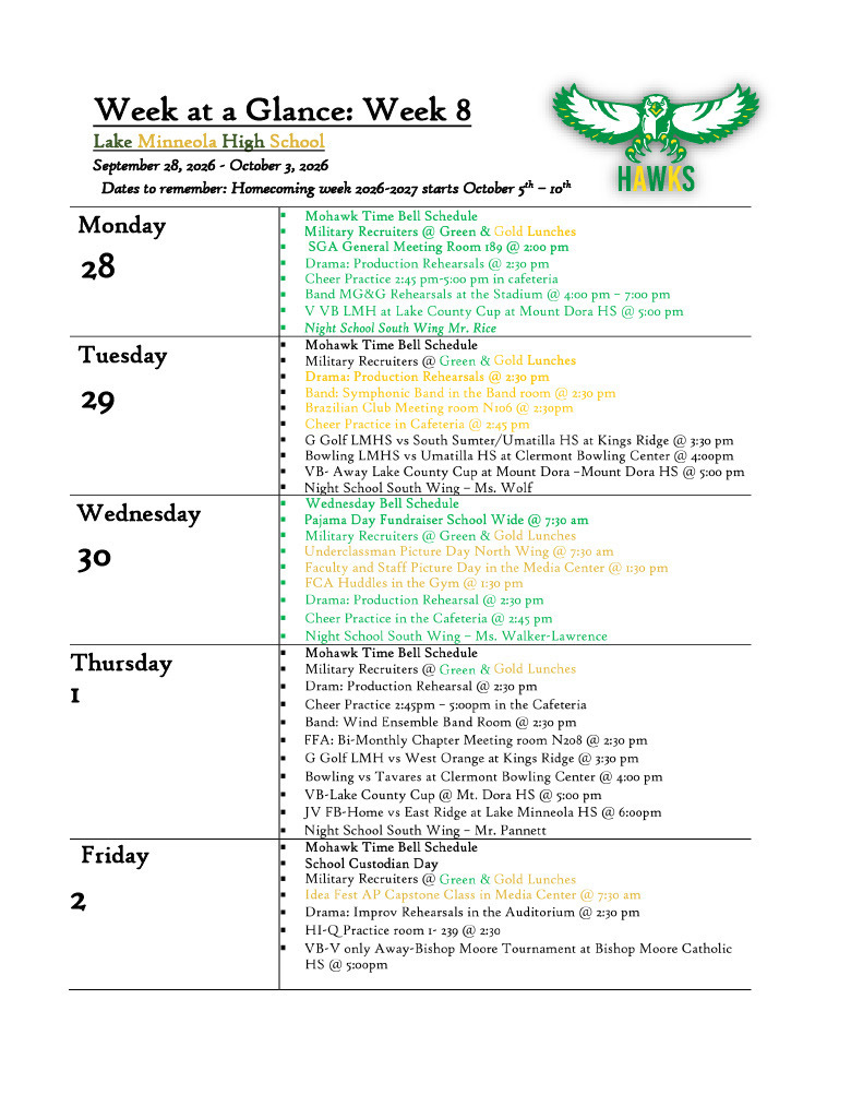 Document showing "Week at a Glance: Week 8" with days of the week, dates, and activities listed.