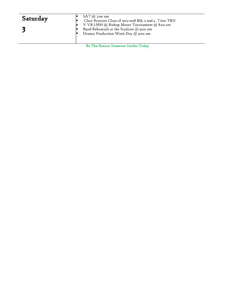 Document titled "Saturday 3". Information includes time, class details, and a footer with a name.
