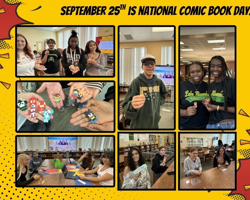 Collage of photos showing kids with Rubik's cubes, comics, and holding a sign. Text reads "September 25th is National Comic Book Day."