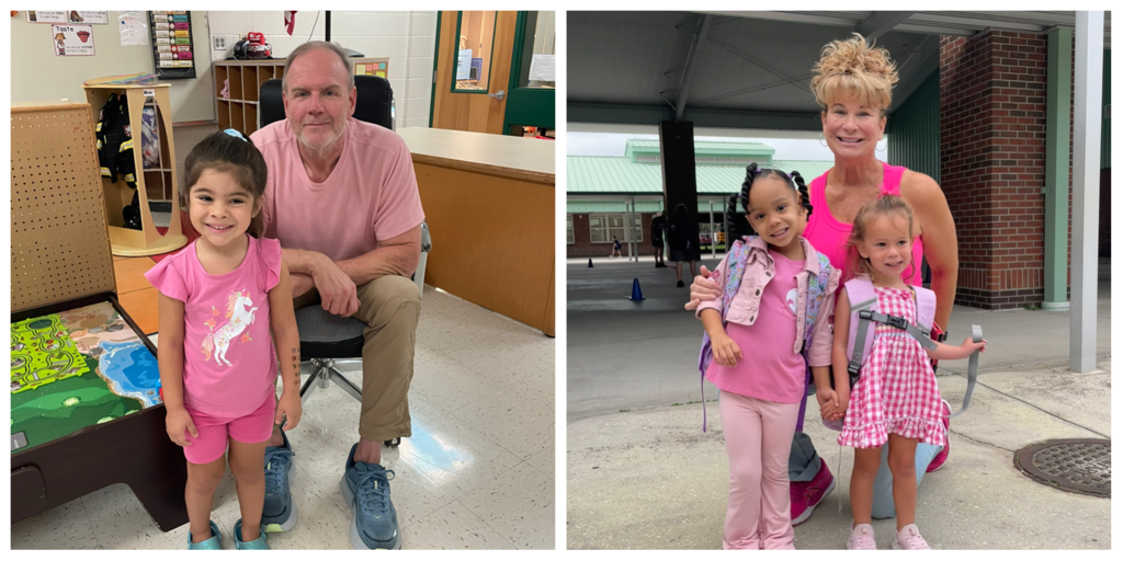 Two images: a man and a girl in a classroom, and a woman with two girls on a sidewalk.
