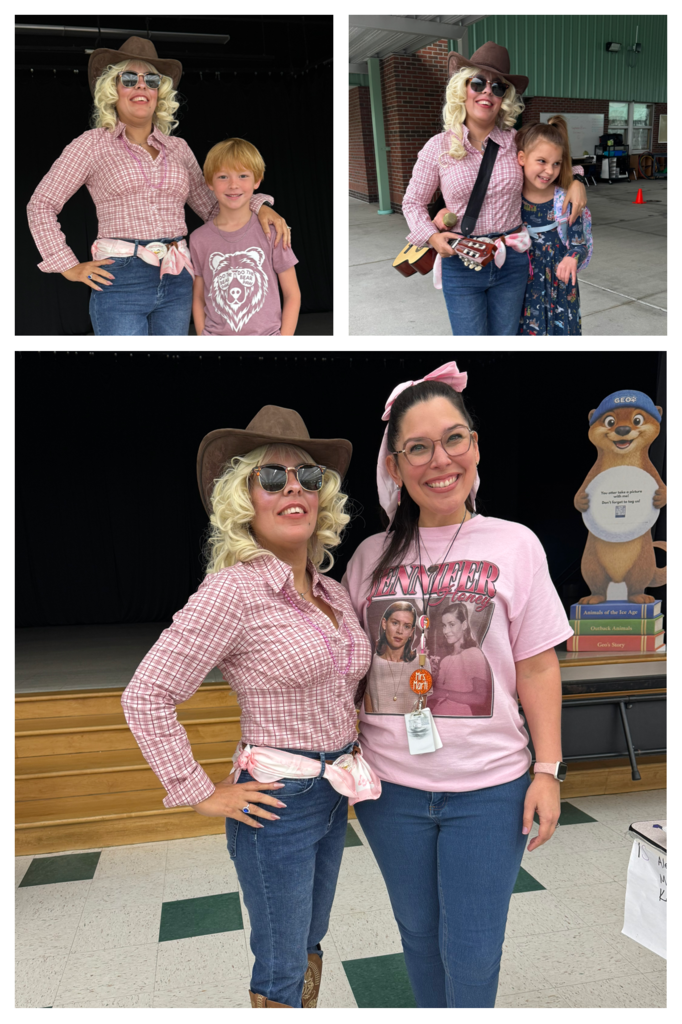Three women dressed in country-themed outfits, hats, and sunglasses. One photo includes a child.