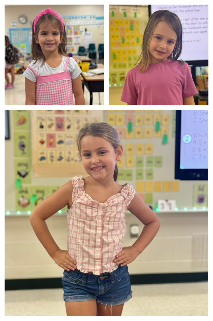 Three photos show girls in different settings. First, a girl in a pink checkered dress. Second, a girl in pink with a blurry background. Third, a girl in a pink shirt, smiling.
