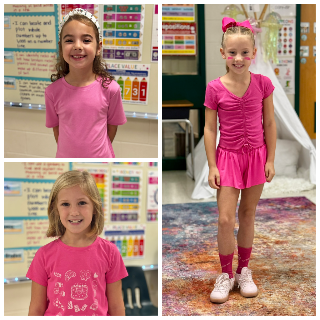 Three children in pink attire. Top left: girl with headband and pink T-shirt. Right: girl with bow, pink dress, and white socks. Bottom left: girl with pink T-shirt and white socks.