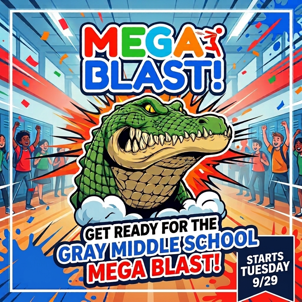 Poster for Gray Middle School Mega Blast event, featuring a cartoon alligator, children, and confetti.