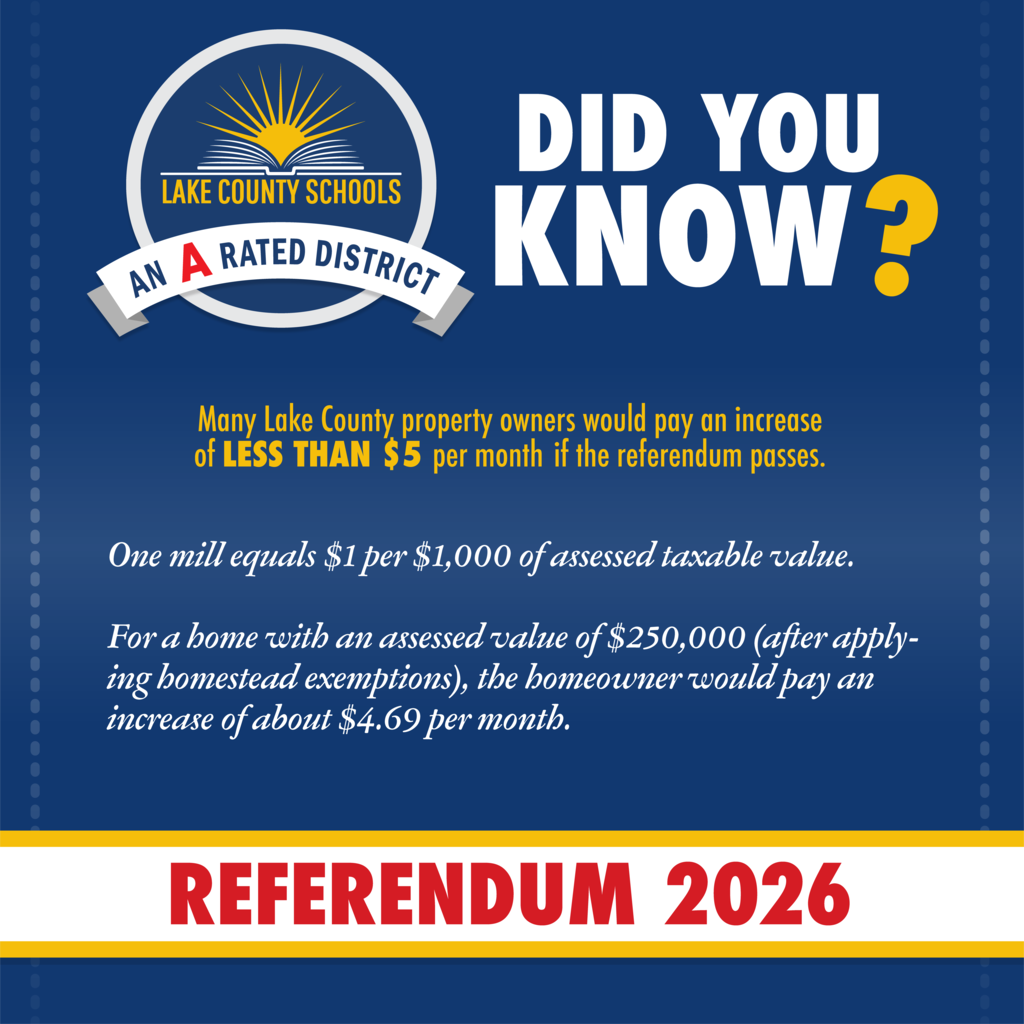 Blue background with white text and yellow accent. Logo of Lake County Schools. Text "Did You Know?" and "Referendum 2026" with details about property taxes.