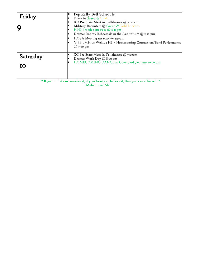 Calendar page showing two days, Friday 9 and Saturday 10. Friday's events include meetings and a dance. Saturday has a homecoming dance and work day.